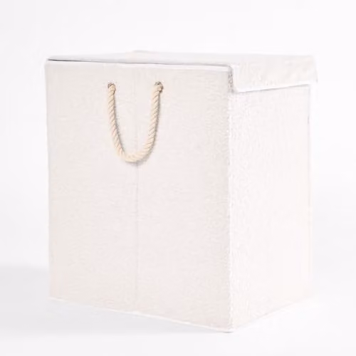 OHS Foldable Boucle Laundry Basket with Lid and Handles in White