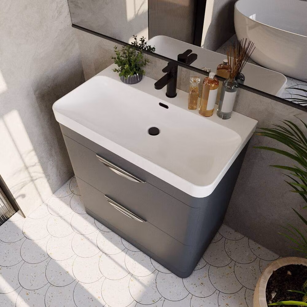 Balterley Wave 800mm Floor Standing 2 Drawer Unit with Ceramic Basin, Dark Grey – 3