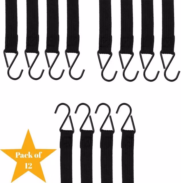 SPETLEK Pack of 12 Heavy Duty Unadjustable Bungee Straps with Steel Hooks, Black, W/D/H: 100 x 40 x 40 cm