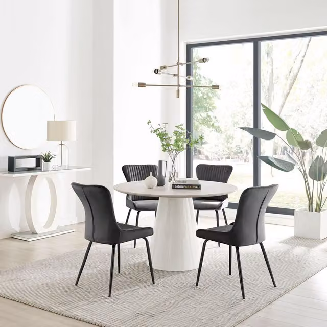 FurnitureboxUK Palma Beige Stone Effect Round Dining Table and 4 Nora Black Leg Chairs in Dark Grey