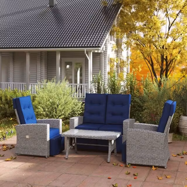 Outsunny 4-Piece Modern Outdoor Wicker Rattan Garden Furniture Set with Sofa and Table in Dark Blue