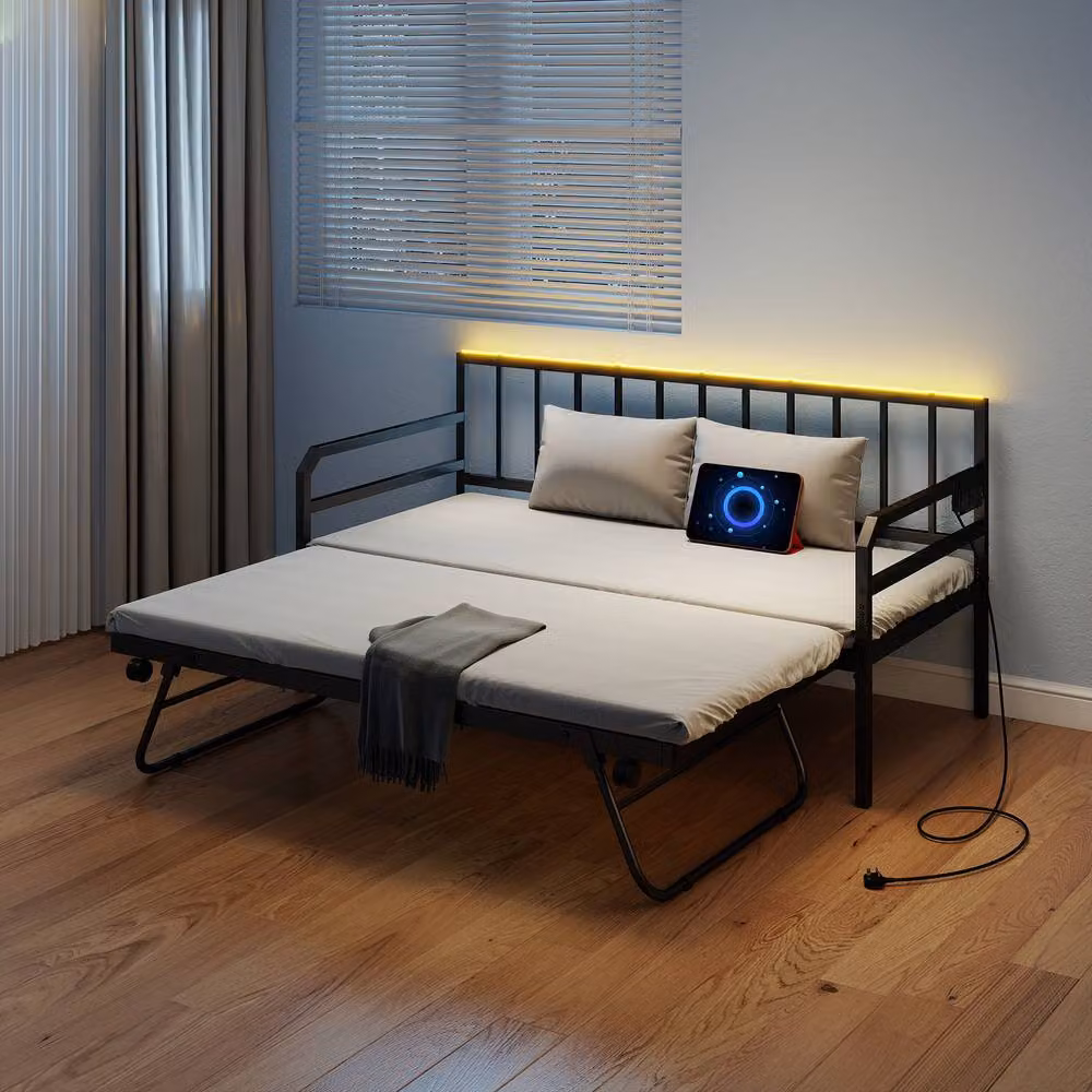 Costway Single Size Metal Daybed in Black with USB Charging Port and LED Under-Bed Lighting, W/D/H: 90 x 200 cm – 3