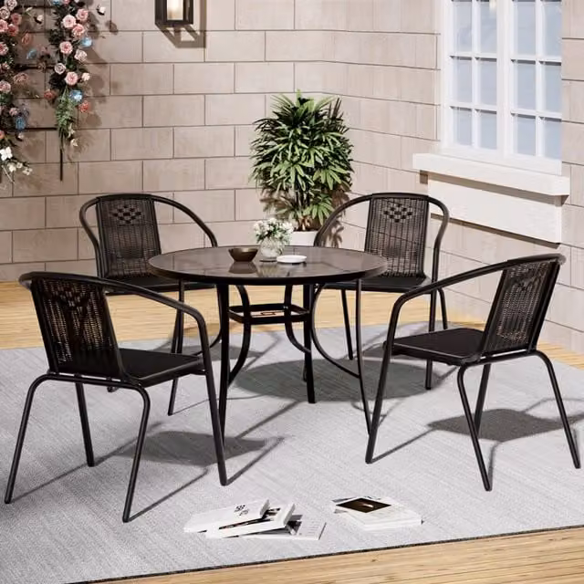 Livingandhome 4 Seater Bistro Set in Black with Round Glass Table and Stacking Chairs