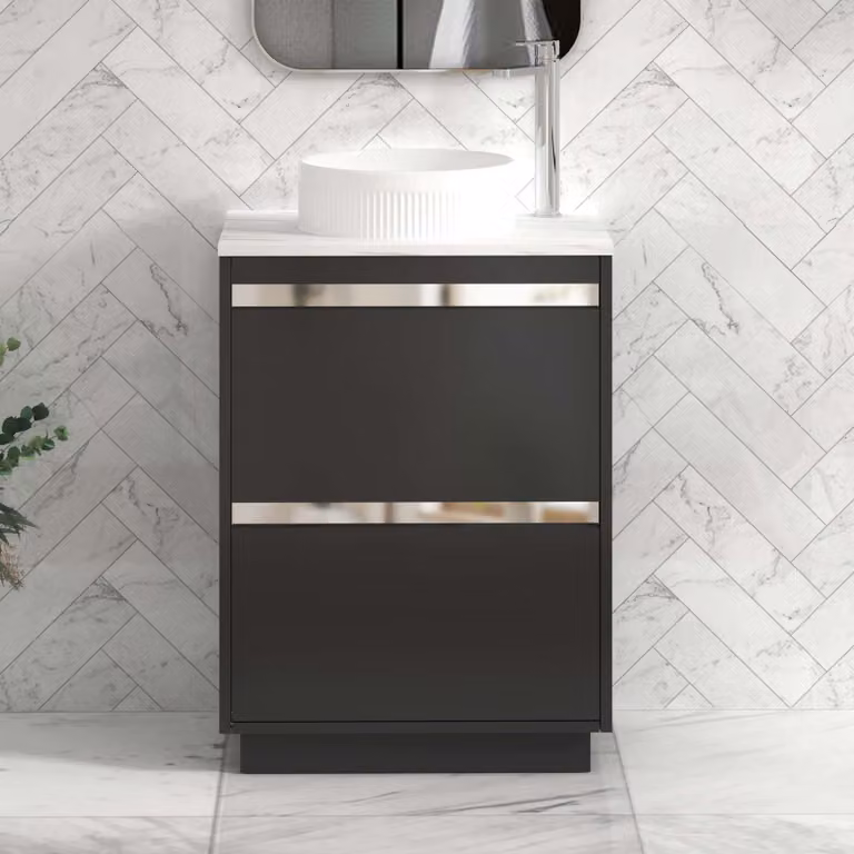 Royal Bathrooms Orion 600mm Matt Obsidian Black Floor Standing Vanity Unit with 2 Drawers, Round Basin and Chrome Accent Trim