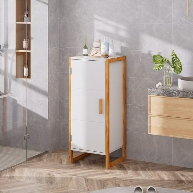 H&O Direct Single-door Freestanding Bamboo Frame Bathroom Storage Cabinet in White