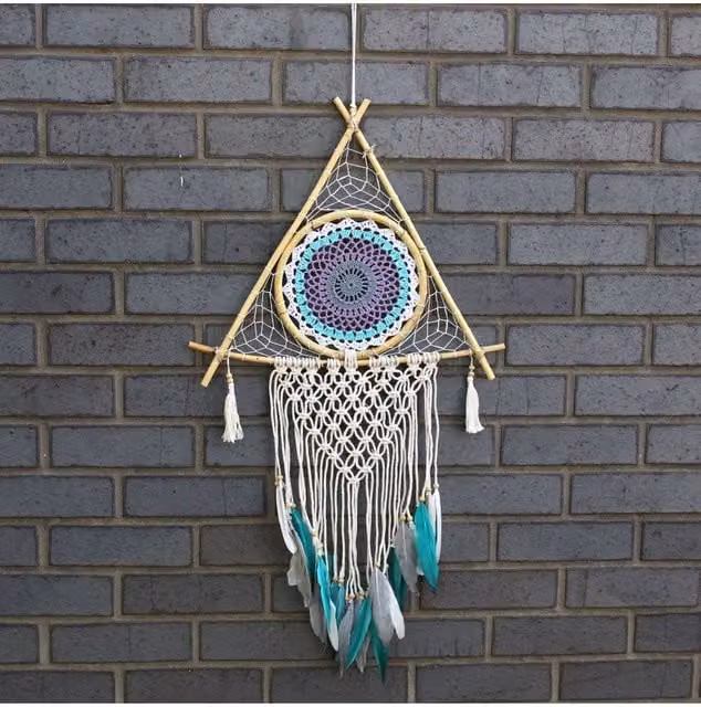 KDMD Large Boho Macrame Dream Catcher with Evil Eye in White and Turquoise – 1