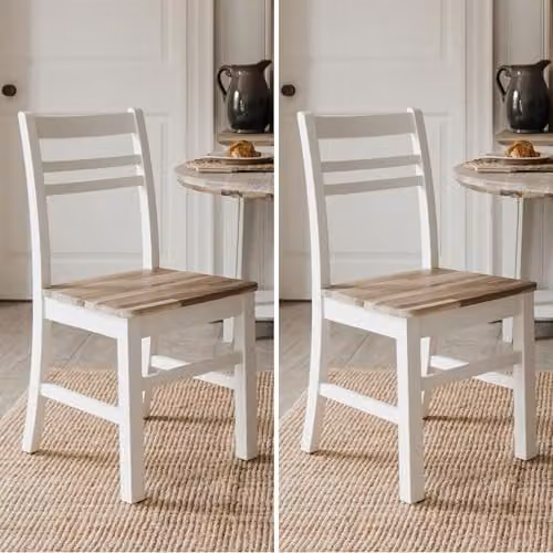 Statement Furniture Florence Country Style Wooden Dining Chairs Set of 2 in White with Acacia Hardwood Seats – 1