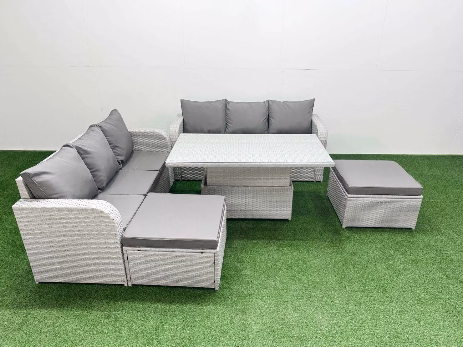 Fimous 8 Seater Grey Wicker Rattan Garden Furniture Set with Adjustable Lifting Dining or Coffee Table and High Back Lounge Sofas – 2