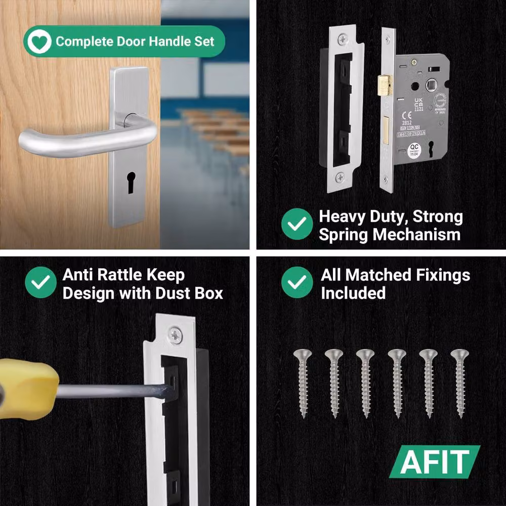 AFIT Satin Steel Return to Door Lever Backplate and Key Lock Kit in Silver, W/D/H: 150 x 150 x 15.3 mm – 3