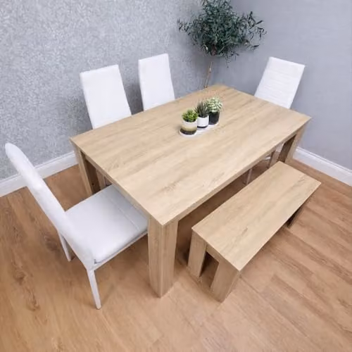 Kosy Koala Oak Effect Dining Table Set with Bench and 4 White Faux Leather Chairs, W/D/H: 140 x 80 x 75 cm