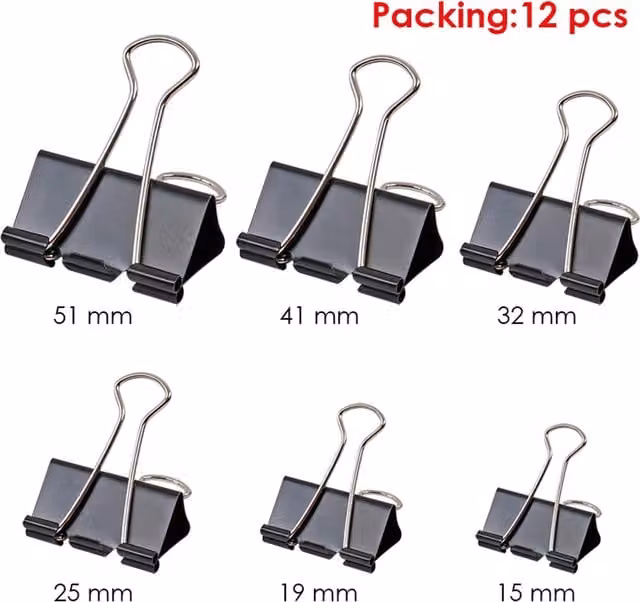 Foska Pack of 12 Metal Foldback Binder Clips, 32mm, Multicolour