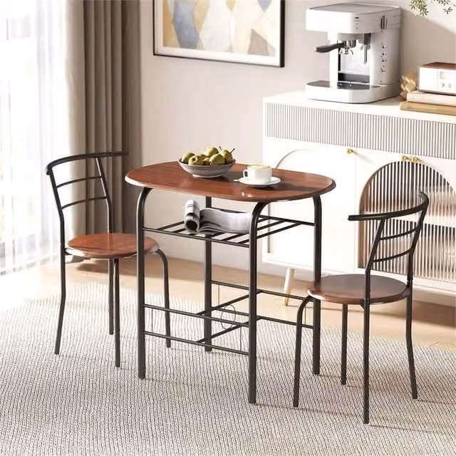 VOGREX 3 Piece Breakfast Bar Table and 2 Chairs Dining Set with Shelf in Brown