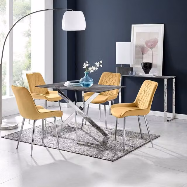 FurnitureboxUK Leonardo Grey Glass Marble Table and 4 Pesaro Silver Leg Chairs in Mustard