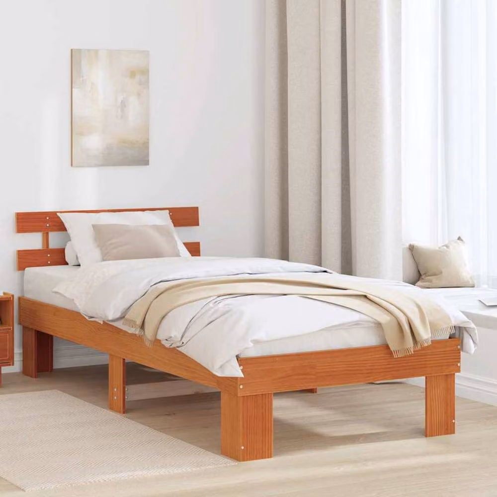 Berkfield Home Modern Solid Wood Pine Bed Frame with Headboard in Wax Brown, W/D/H: 80 x 200 cm – 2
