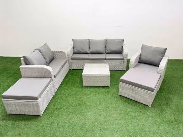 Fimous Patio 8 Seater Grey Rattan Outdoor Furniture Set with Coffee Table, 3 Seater Sofa, 2 Seater Sofa and Upholstered Cushions