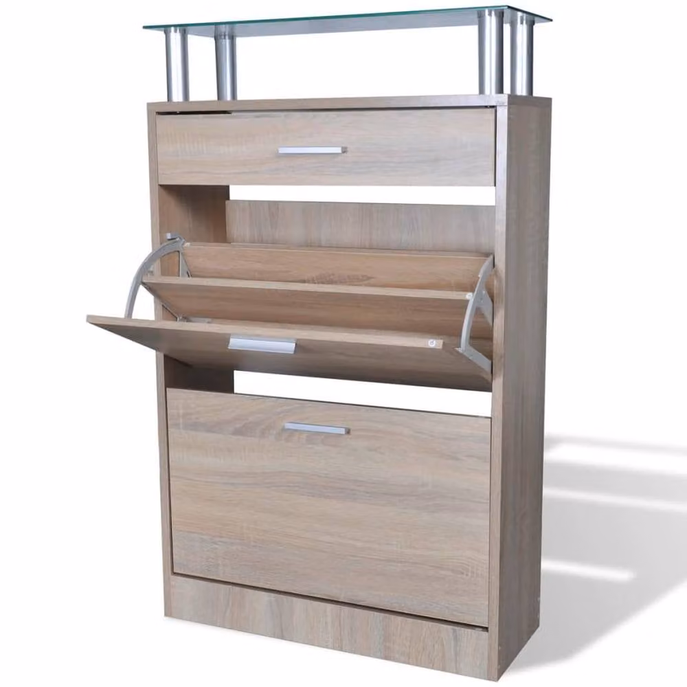 Berkfield Home Modern Shoe Cabinet in Light Brown with Drawer and Glass Top Shelf, W/D/H: 104 x 24 x 63 cm