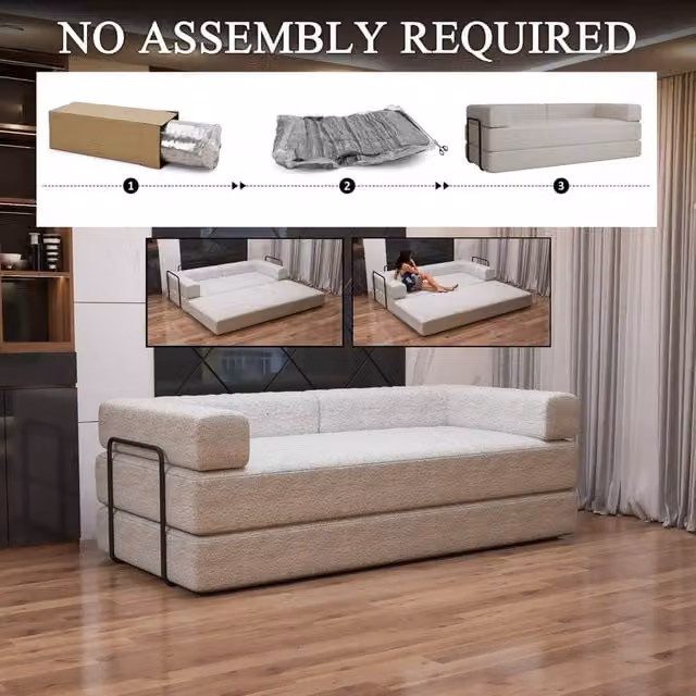 Sliding Wardrobes 4U 3 Seater Convertible Sofa Bed in White Sherpa Bouclé Fabric with Metal Frame, W/D/H: 203 x 72 x 72 cm