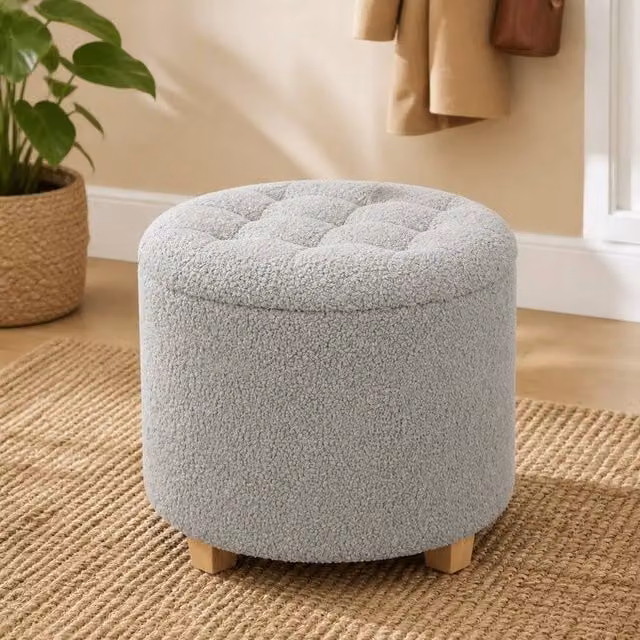 STILVORA 31.8L Grey Bouclé Storage Stool with Wooden Legs – 1