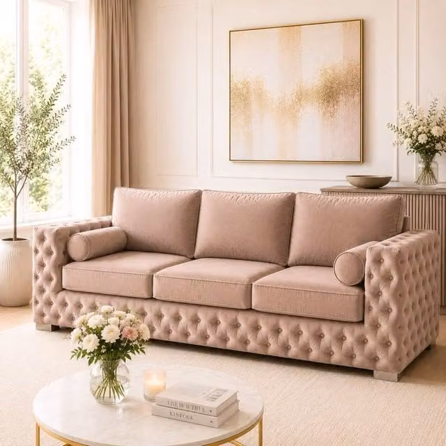 Stratus Interiors Ashley Luxury Chesterfield 3 Seater Fabric Upholstered Sofa in Taupe – 1