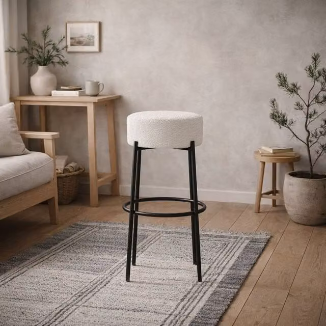 Wyld Haus Tanji Ivory Bouclé Counter Stool with Black Matt Metal Legs