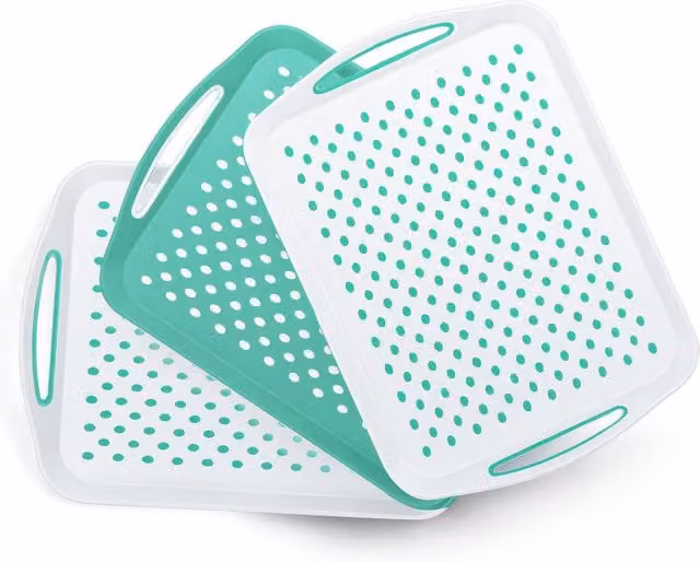 Essen 3-Pack Non-Slip Rectangular Serving Tray Set with Handles in Green – 1