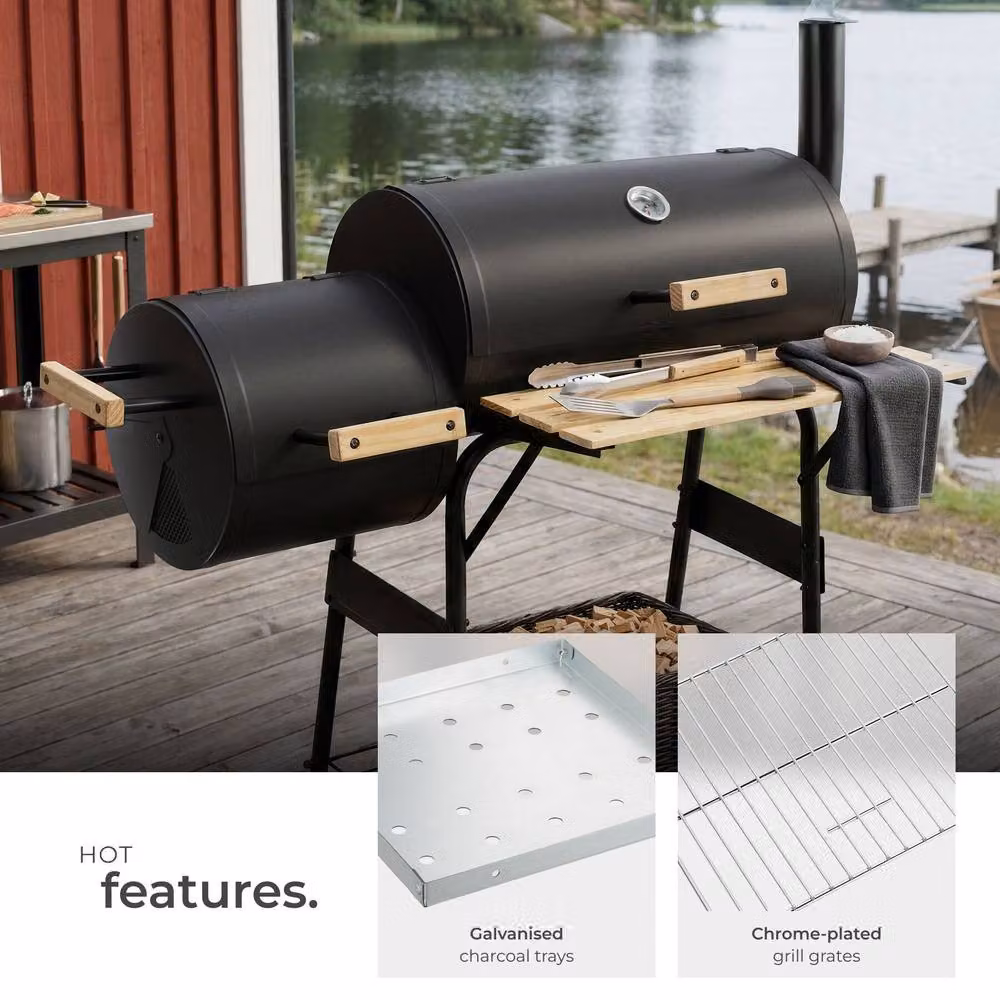 tectake 2-in-1 Charcoal Grill Smoker with Thermometer and 2 Chambers, Black, W/D/H: 116.0 x 110.0 cm – 4