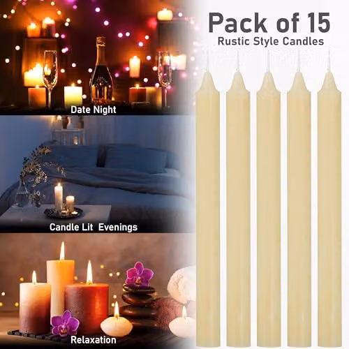 Deco Express Set of 15 Unscented Dripless Taper Candles in White and Beige – 9