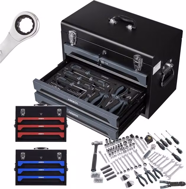 AREBOS 172-Piece Chrome Vanadium Hand Tool Set with Sockets, Wrenches, Screwdrivers, Hammers and Pliers in Anthracite and Black