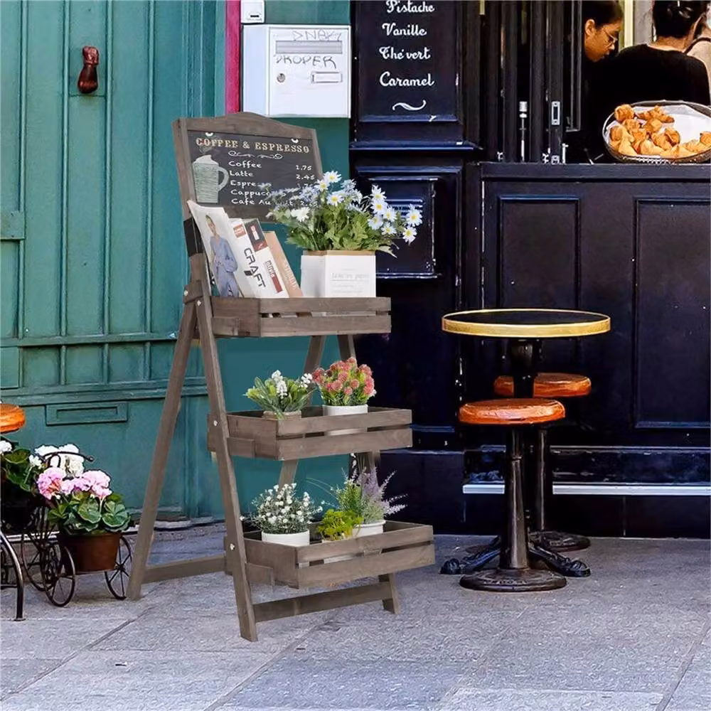 Nordara 3-Tier A-Frame Chalkboard Sign with Shelf and Plant Stand in Brown – 3
