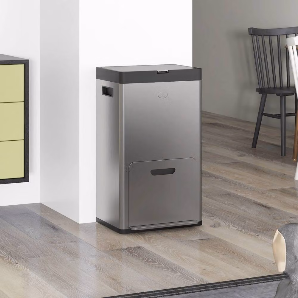 STILVORA 56L Triple Compartment Stainless Steel Kitchen Bin with Wheels and Pedal in Silver – 3