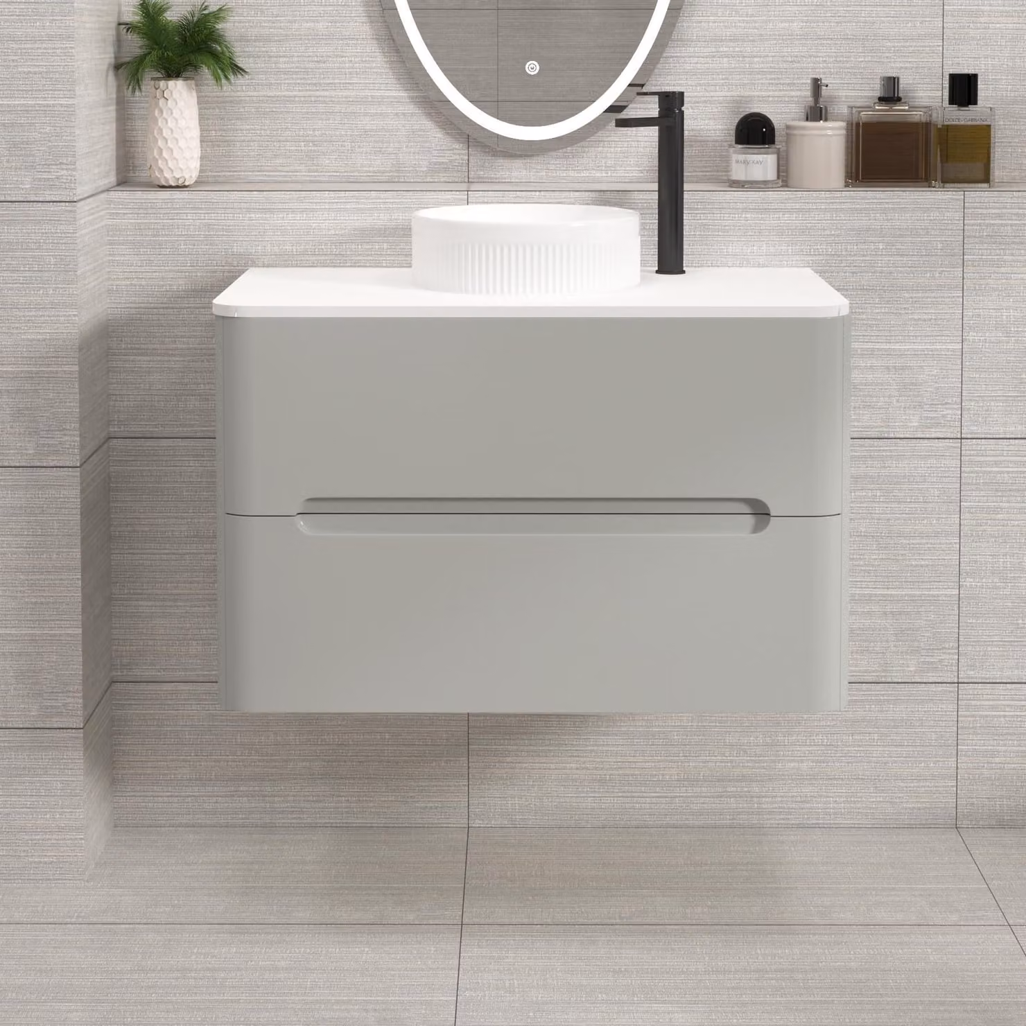 Royal Bathrooms Venice 800mm Wall Hung Vanity Unit in Dove Grey with 2 Drawers, Plain White Worktop and Round Basin