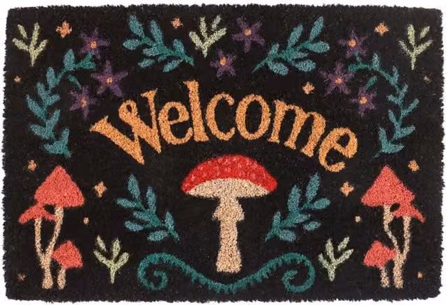 Something Different Welcome Mushroom Rectangular Coir Door Mat - Black and Multicolour, W: 60.0 cm, D: 15.0 cm