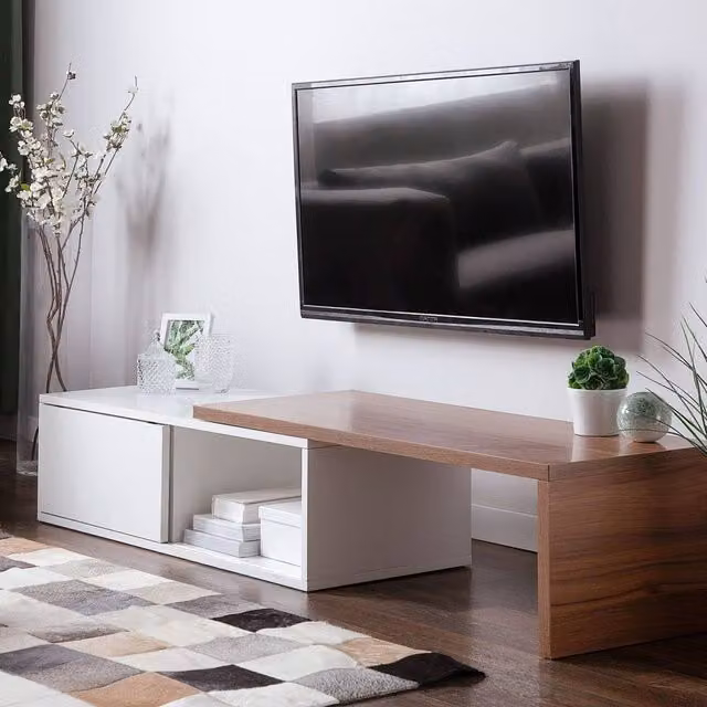 Wyld and Coco 70 inch Modern MDF TV Stand with Extending Top in White and Light Brown – 1