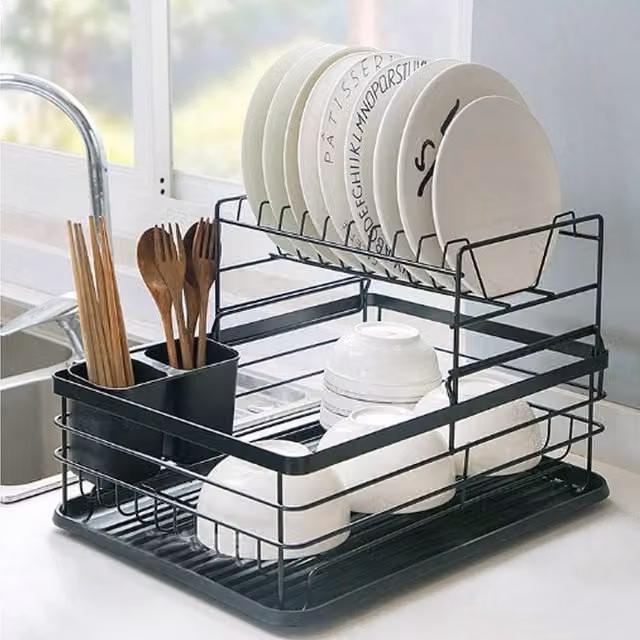 PAWNORA Large Metal Dish and Utensils Drainer Rack with Drip Tray and Cutlery Holder, Black