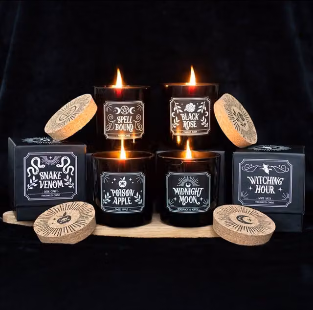 Midnight Ritual Enchanting Fragrance Candle Set in Black with Wood and Glass Elements