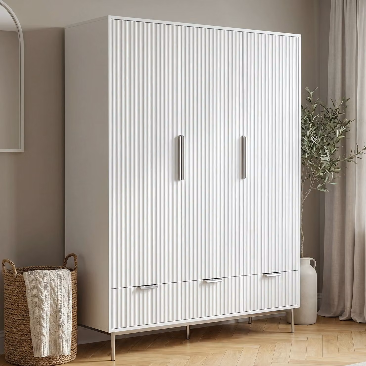 DHS Fluted 3 Door Wardrobe with Drawers and Shelves in White Lacquered Finish, W/D/H: 138.8 x 55.0 x 180.3 cm