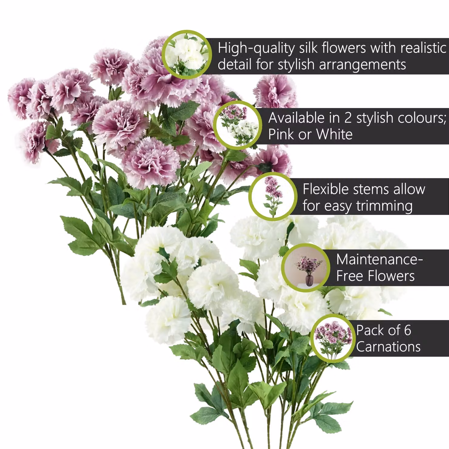 Pegdev Pack of 6 Pink and White Artificial Silk Carnation Stems, 70 cm – 2