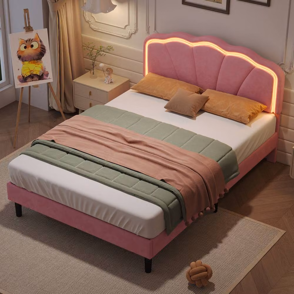 ModernLuxe Pink Velvet Upholstered Double Bed with Adjustable LED Headboard and Under-Bed Lighting, W/D/H: 140 x 200 x 111 cm – 2