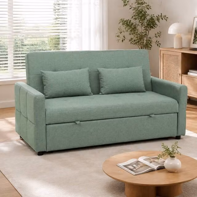 STILVORA Green 2 Seater Fabric Sofa Bed with Pull Out Drawer and Adjustable Headrest