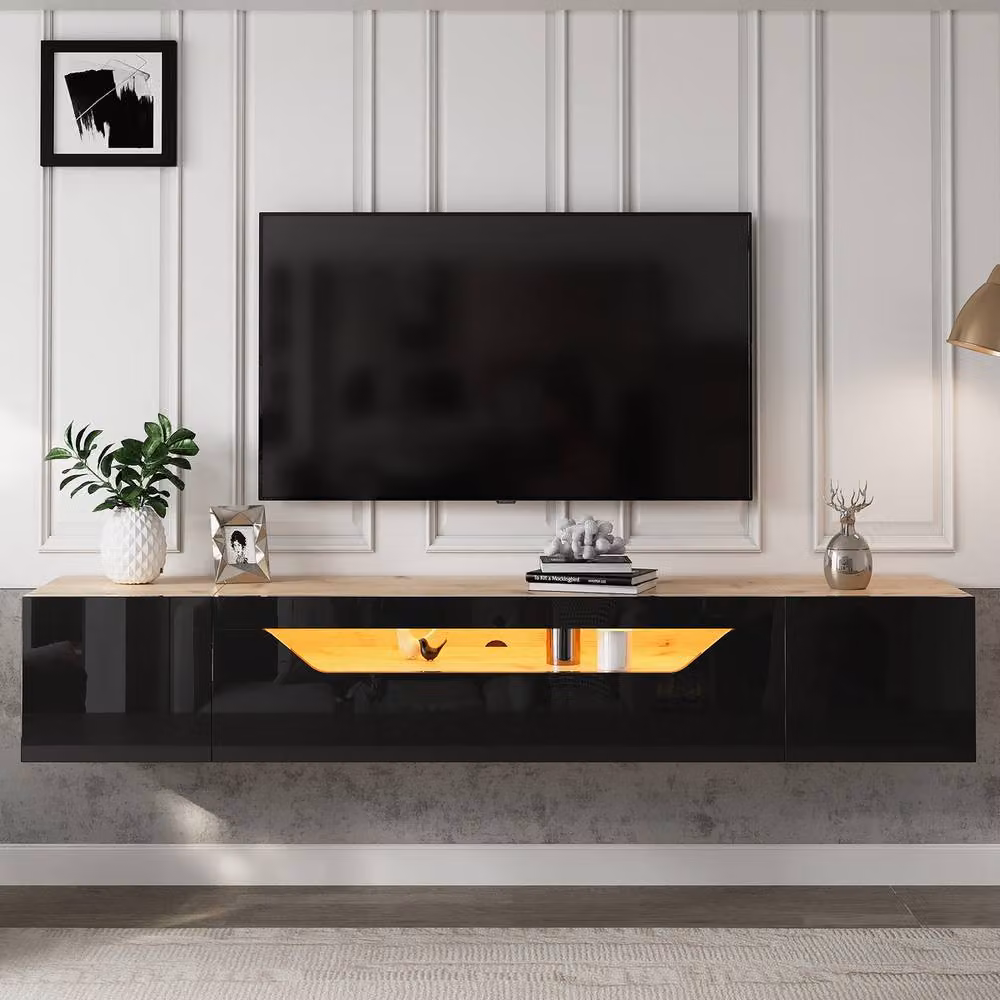 Rolipo Black High Gloss Wall Mounted Floating TV Stand with Integrated Lighting, Width: 180 cm – 5