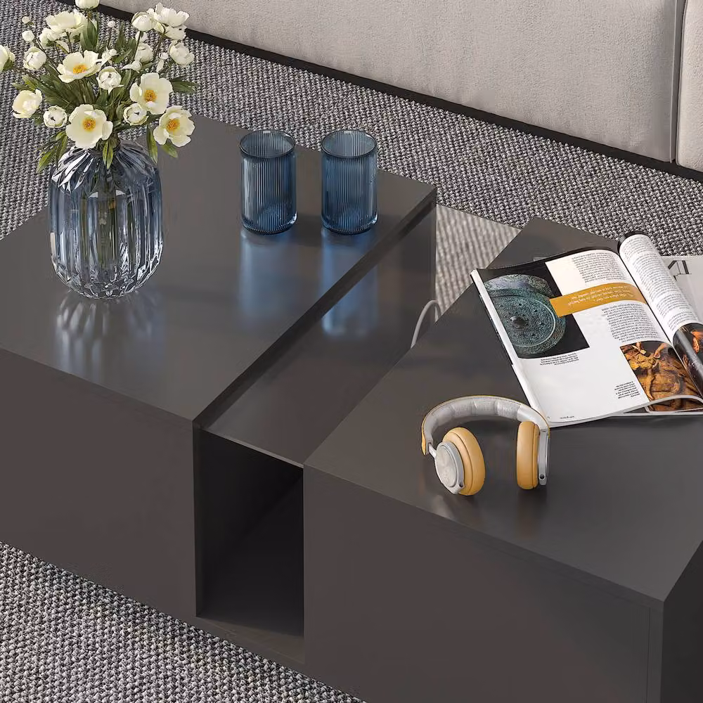 KEEPREAPER Modern Rectangular Coffee Table with Storage and Sliding Drawers in Black – 4