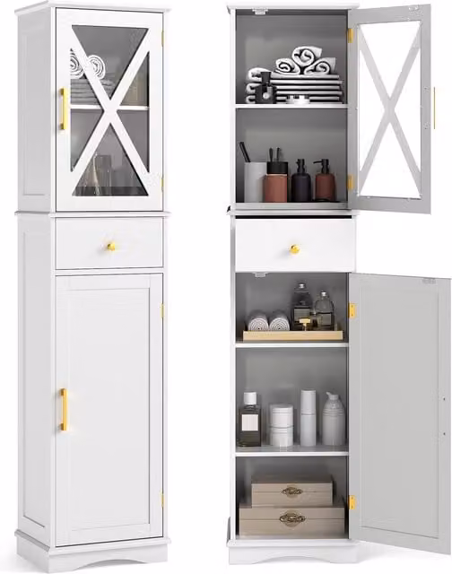 Gymax Freestanding Tall Storage Cupboard with Glass Doors and Internal Shelves in White and Gold – 1