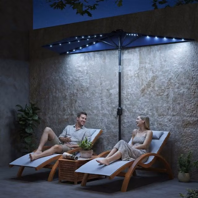 Outsunny Dark Blue UPF50plus Half Parasol with Solar Lights for Balconies
