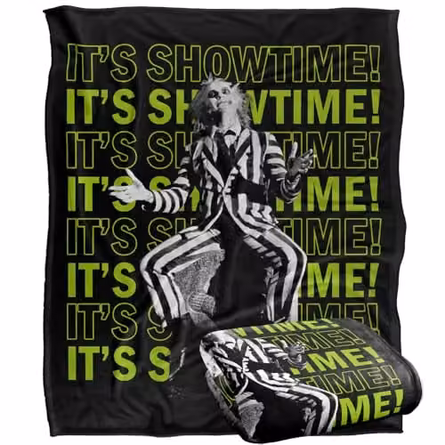 LOGOVISION Beetlejuice It's Showtime Repeat Super Soft Silky Touch Fleece Throw Blanket, Multicolour, W: 152 cm, D: 127 cm – 1