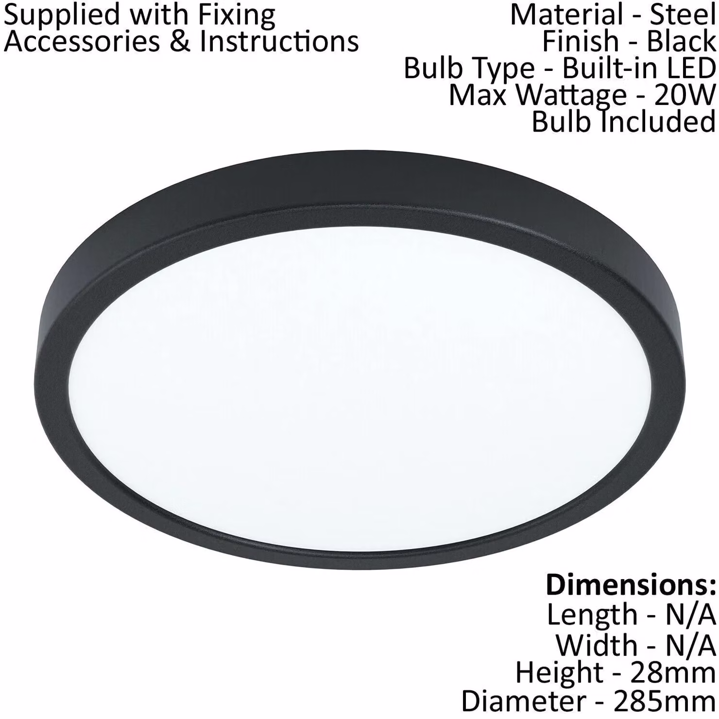 Loops 2 Pack Modern Round Ceiling Light with Black Shade and White Plastic, 20W LED Included – 2
