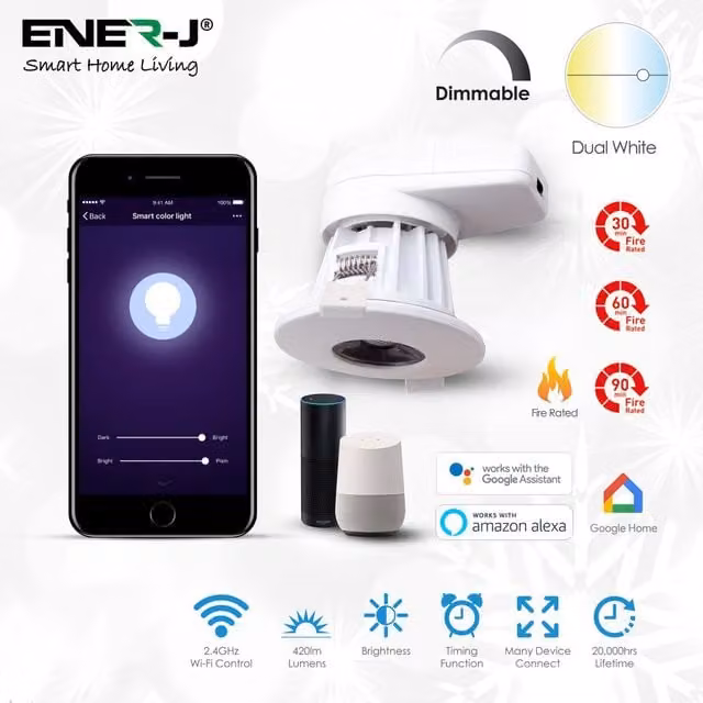 ENER-J 8W WiFi Dimmable LED Recessed Ceiling Downlight, White, IP44 Rated