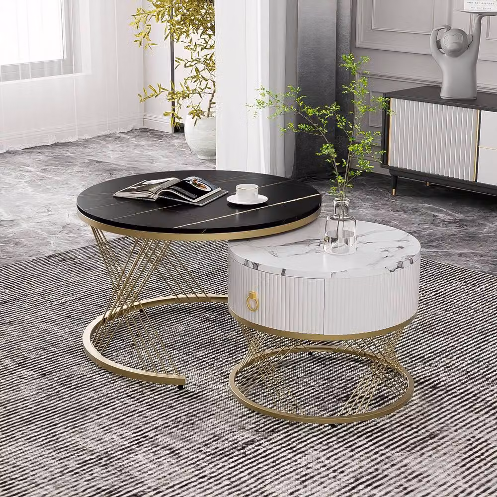 ModernLuxe Elegant Nesting Coffee Table Set of 2 with Drawer in Black and Gold – 2