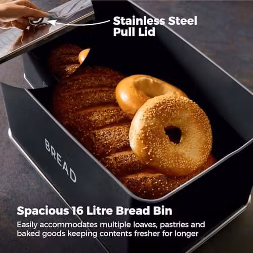 Tower Renaissance Black Bread Bin with 16L Capacity and Set of 3 Airtight Metal Storage Canisters – 3