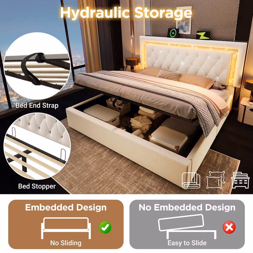 Rolipo Beige Velvet Super King Size Bed with LED Lighting, USB Charging Port and Hydraulic Storage W: 180 cm, D: 200 cm – 5