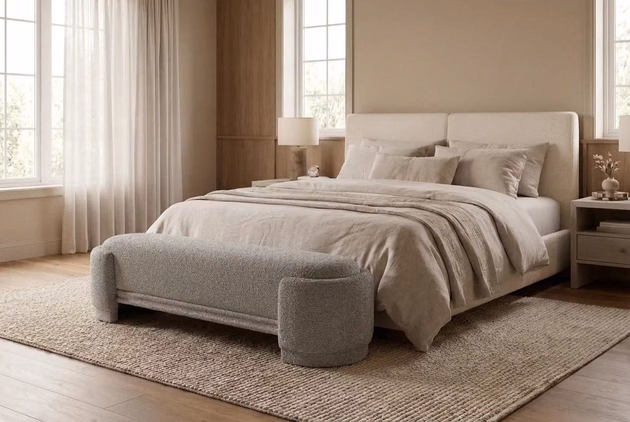 Araco Atelier Luma Mistral Upholstered Bench in Grey and Beige Bouclé